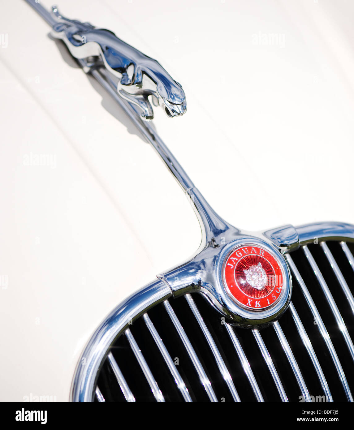 Jaguar XK150 auto sportiva roadster. Saltando jaguar mascotte e logo, Classic automobili inglesi Foto Stock
