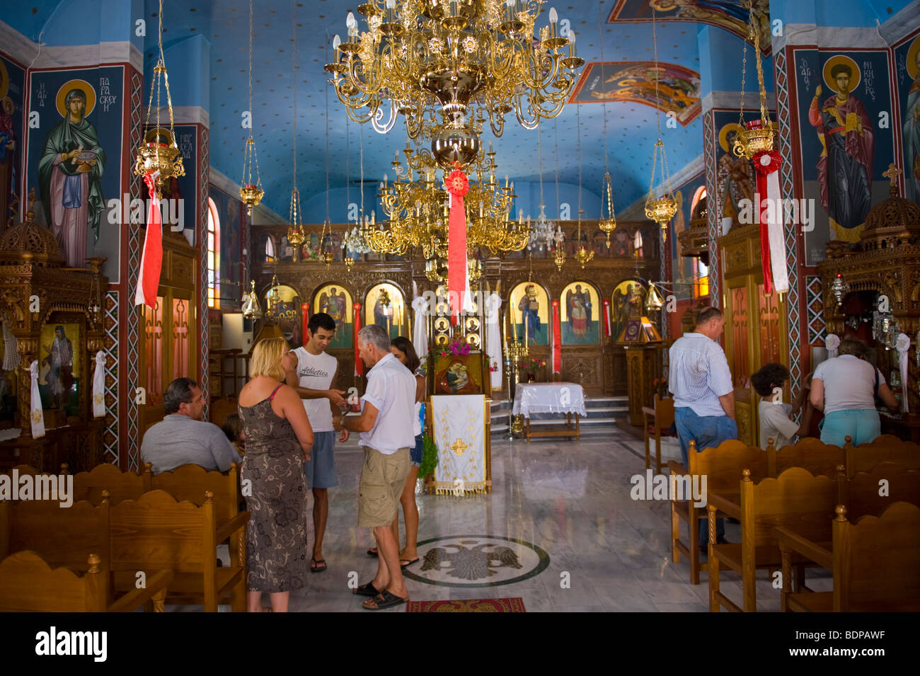 Interno della chiesa della Vergine Maria Lagouvarda Vergine Maria dei serpenti a Markopoulo sull'isola greca di Cefalonia Grecia GR Foto Stock