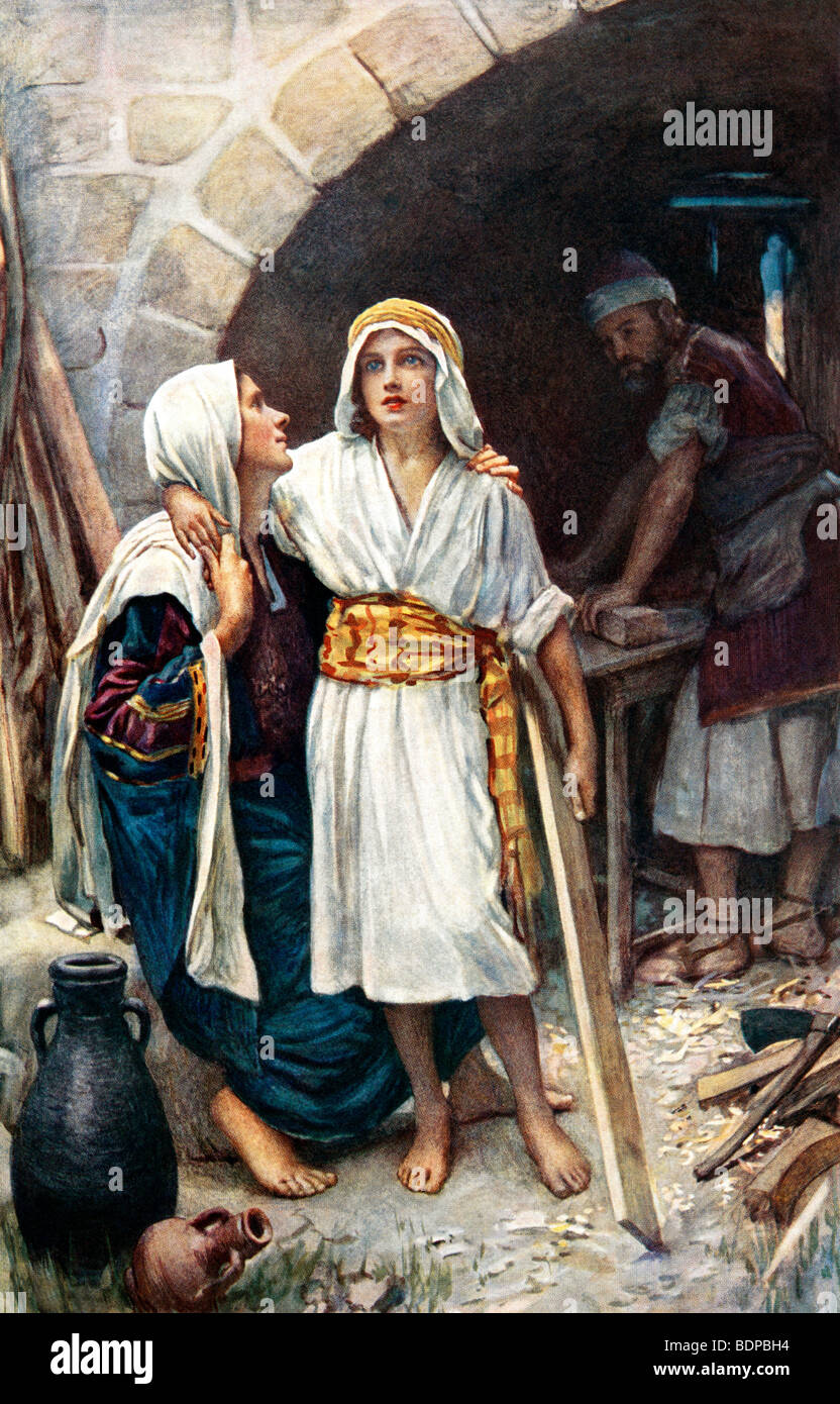 Dipingere Gesù Cristo da bambino con sua madre Maria e suo padre Giuseppe a casa imparando ad essere un falegname a Nazareth dipinto da Harold Copping Foto Stock