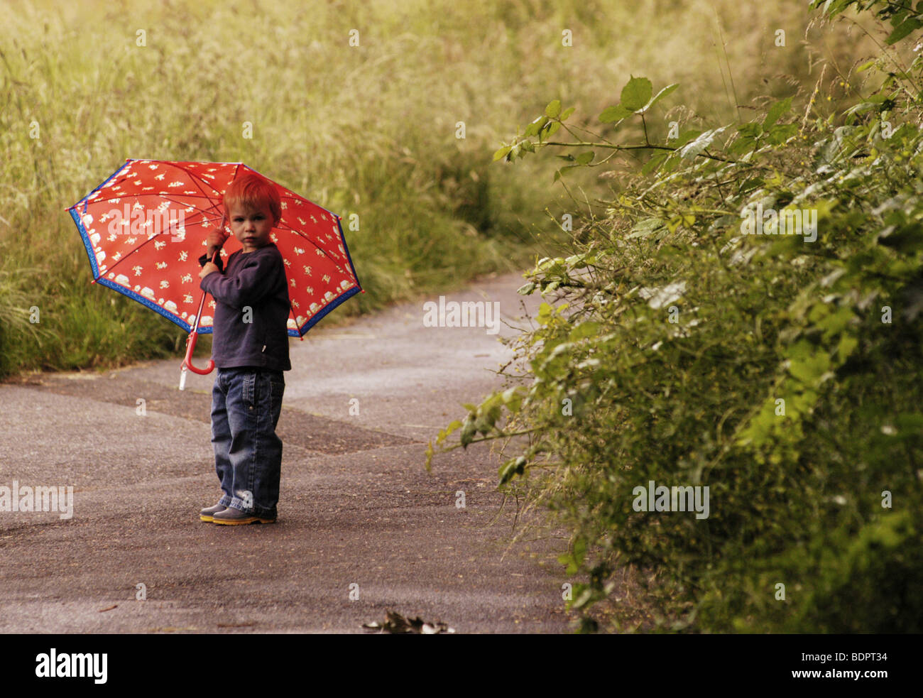 Ragazzo con ombrellone Foto Stock