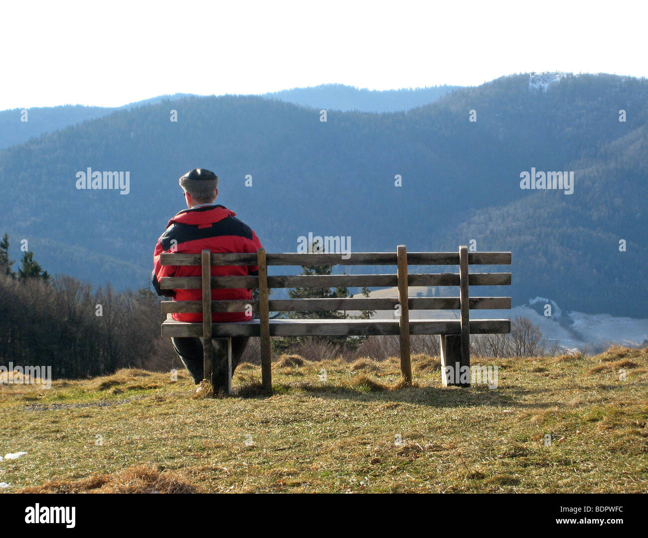 Mann auf einer Bank im Schwarzwald Foto Stock