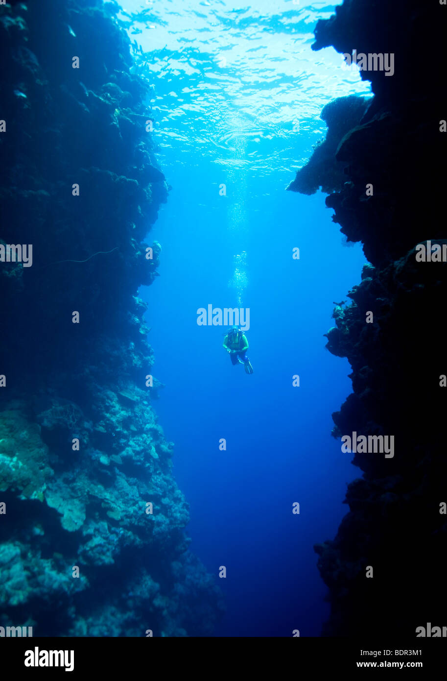 Una femmina di scuba diver, nuoto in una grande caverna sottomarina Foto Stock