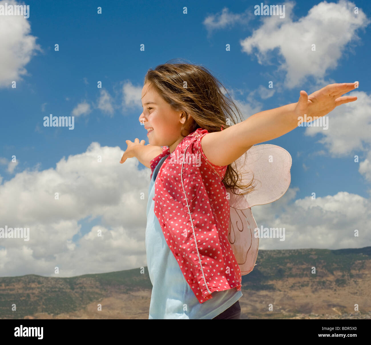 Ragazza con ali di farfalla e cielo molto nuvoloso Foto Stock