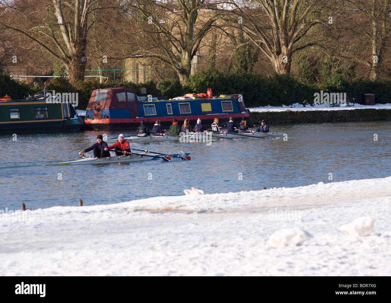 I canottieri lungo il fiume Tamigi in inverno, Oxford Foto Stock