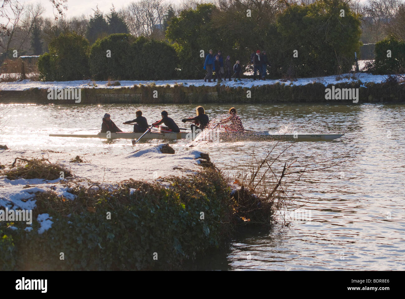 I canottieri lungo il fiume Tamigi in inverno, Oxford Foto Stock