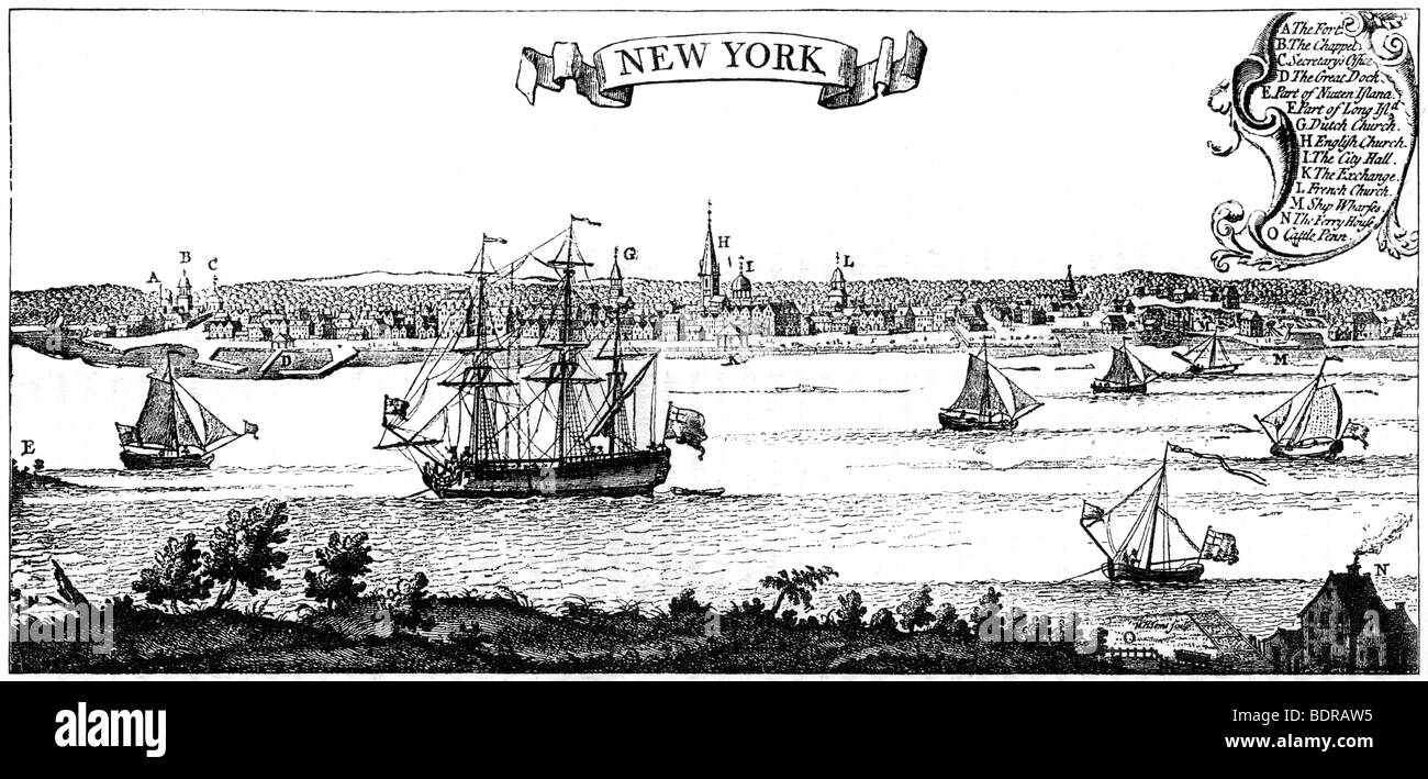 Vecchio vista di New York, 1730 (c1880). Artista: sconosciuto Foto Stock