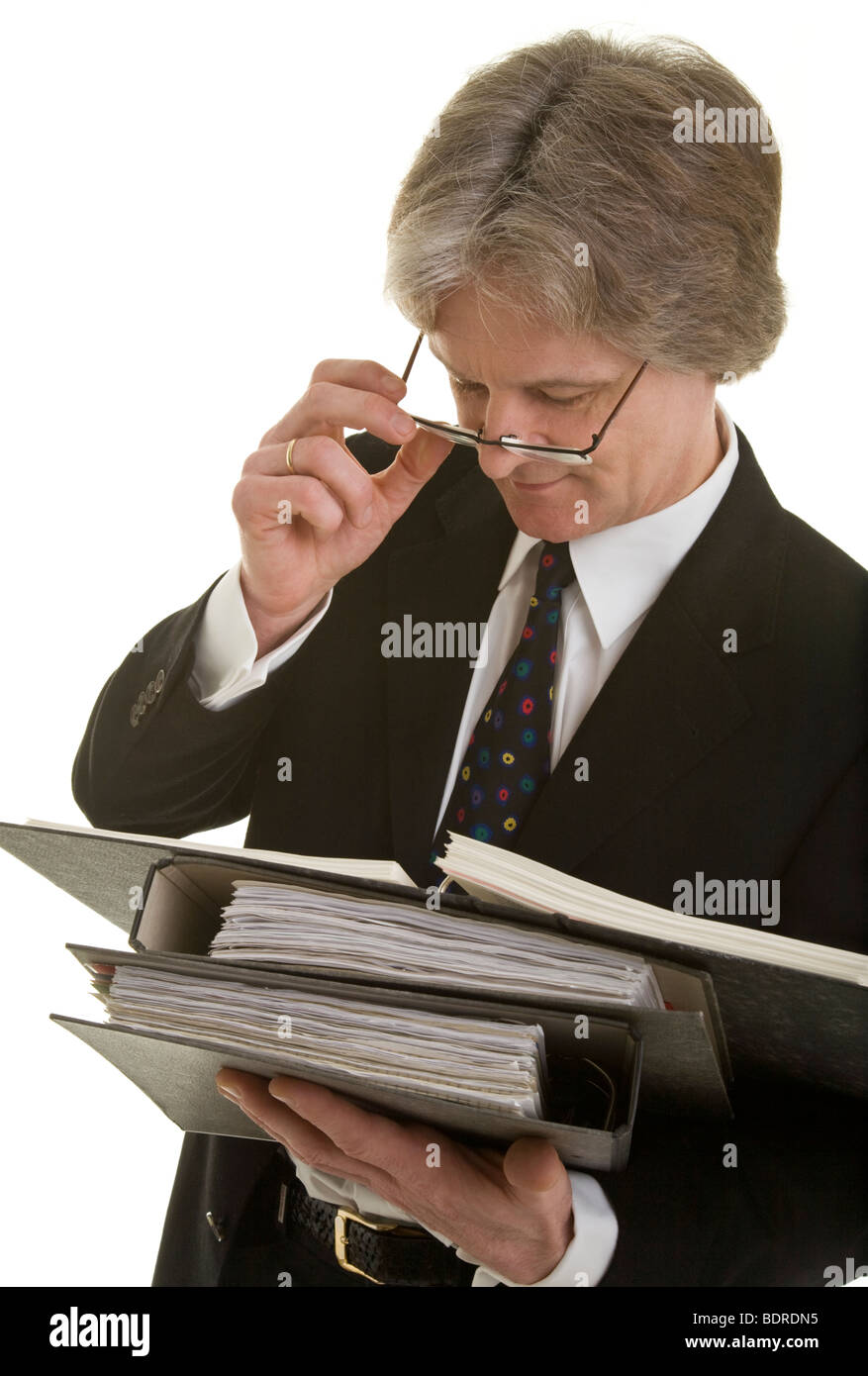 Uomo d affari con file di documento, Arrotino Foto Stock