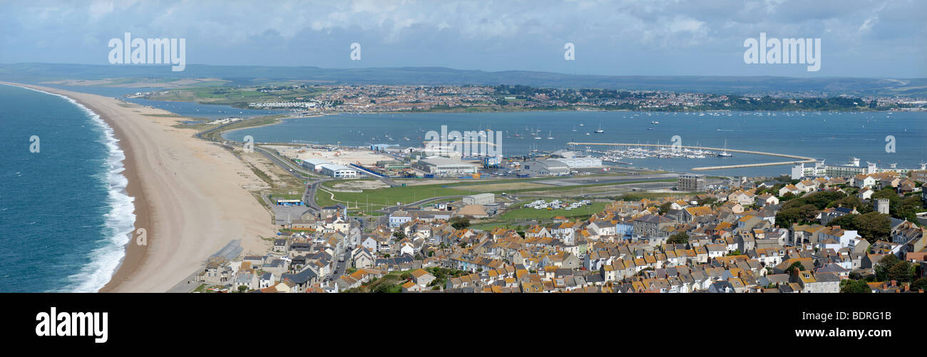 Chesil Beach Portland porto e la Baia di Weymouth Foto Stock