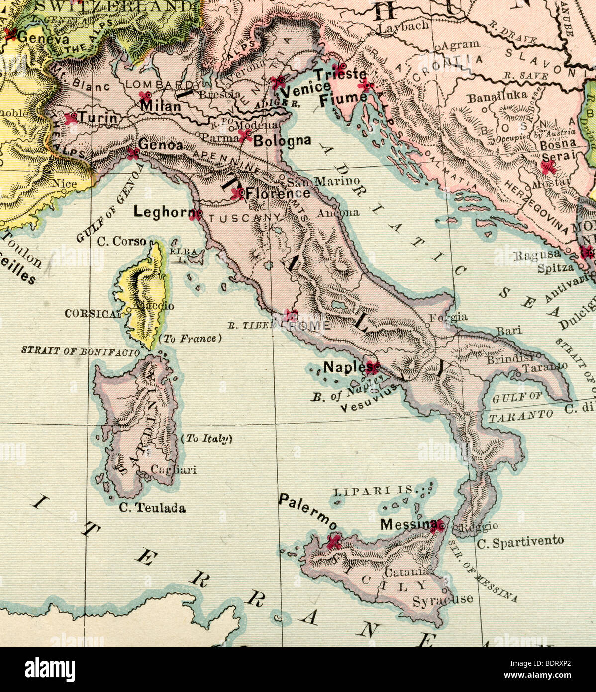 Originale vecchia mappa di Italia dal 1875 la geografia di un libro di testo Foto Stock
