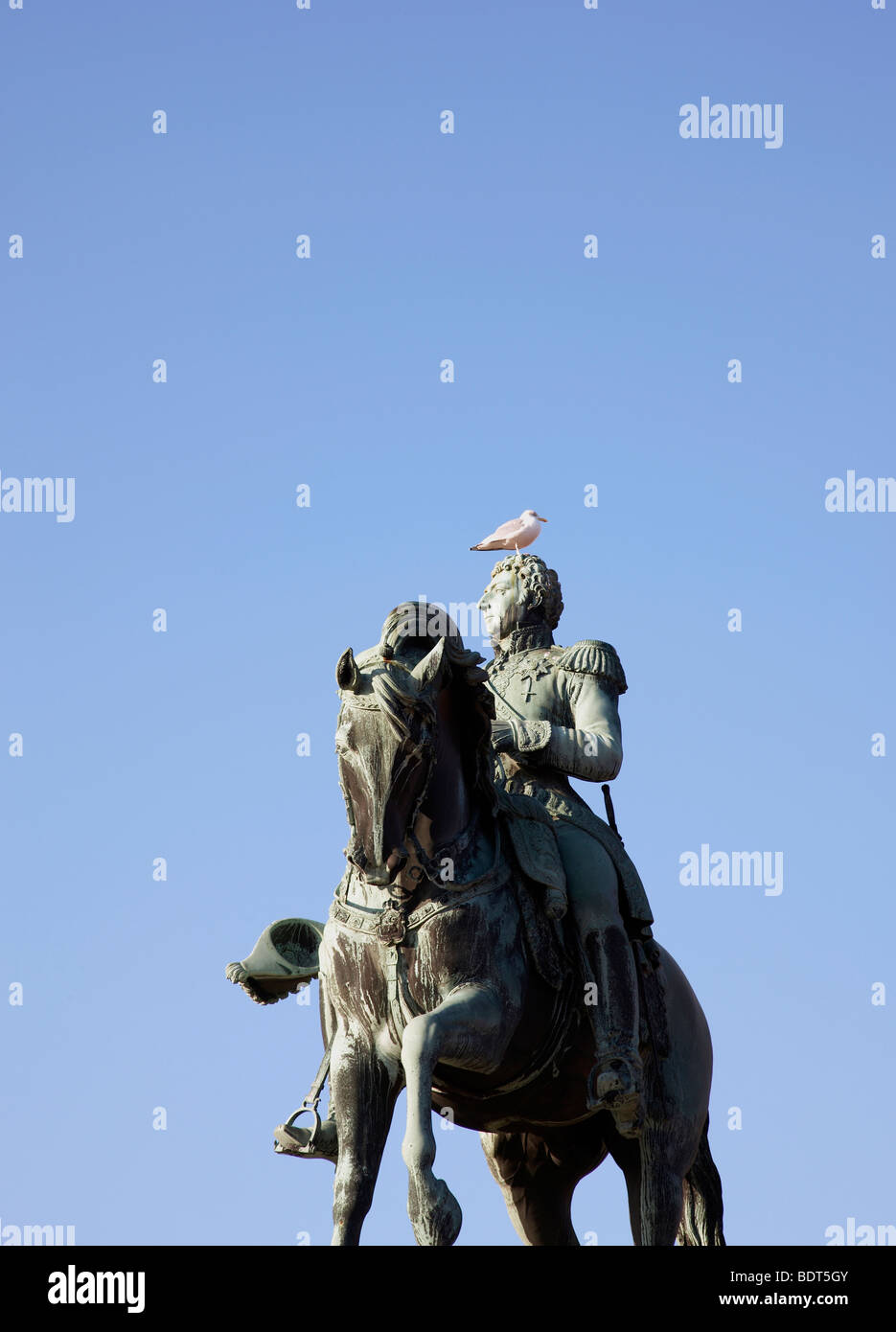 Statua di Karl Johan, defunto Re di Norvegia, con Gabbiano seduta sulla sua testa. Foto Stock