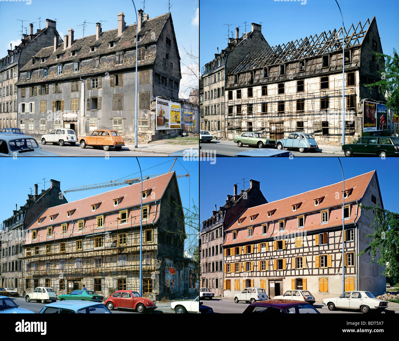 4 sequenza di immagini di ristrutturazioni di edifici, vista frontale, Strasburgo, Alsazia, Francia Foto Stock