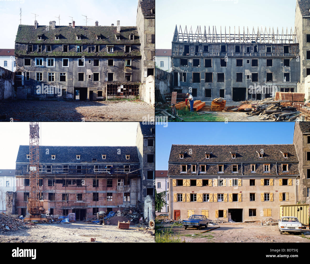 4 sequenza di immagini di ristrutturazioni di edifici, vista posteriore, Strasburgo, Alsazia, Francia Foto Stock
