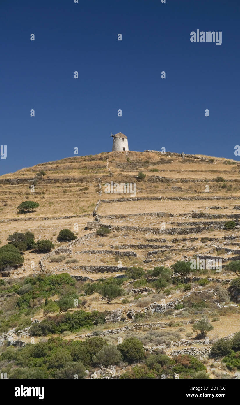 Mulino a vento su di un colle terrazzato, isola di Paros, Grecia Foto Stock