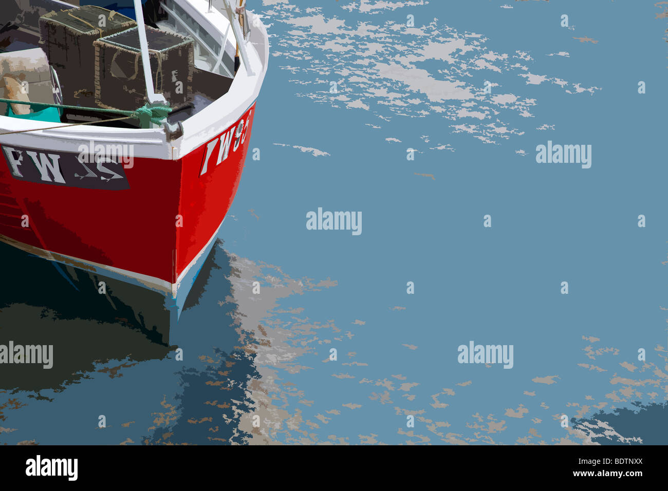 L'impronta artistica di rosso barca in acqua Foto Stock