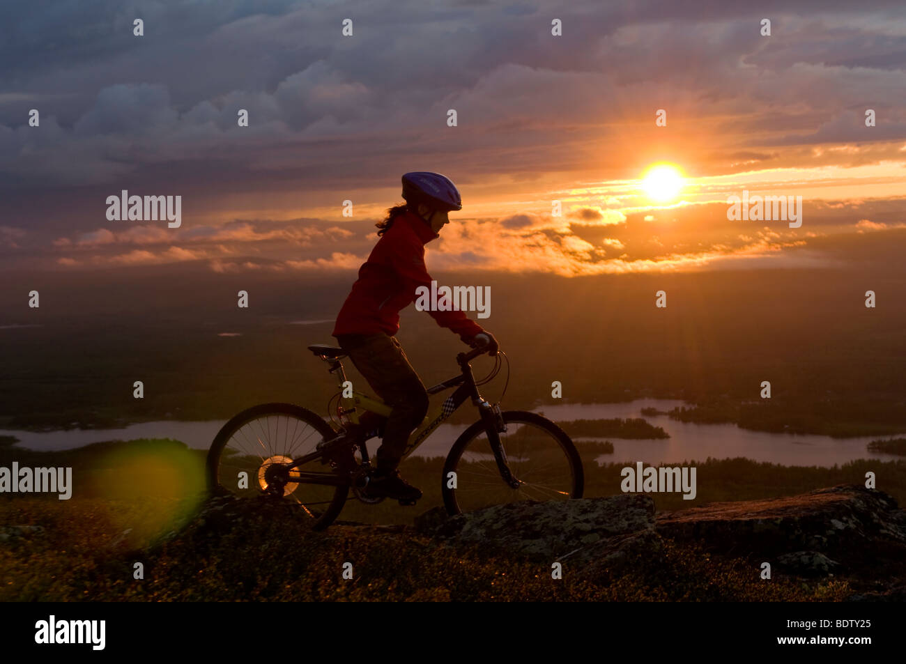 Schweden, femmina in discesa ciclista al sole di mezzanotte, Lapponia, Svezia Foto Stock