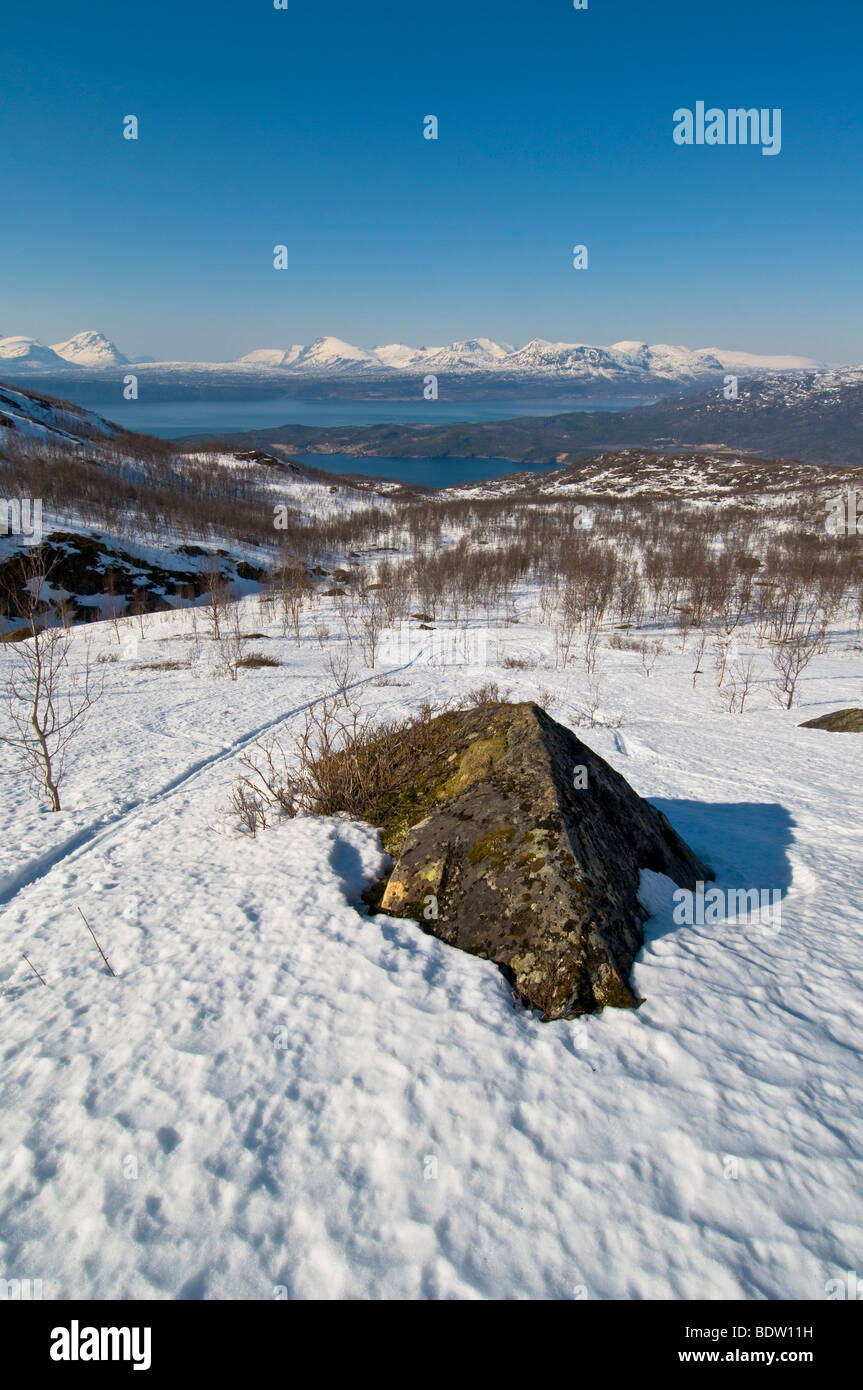 Le montagne ricoperte di neve, ofotfjord, Norvegia Foto Stock