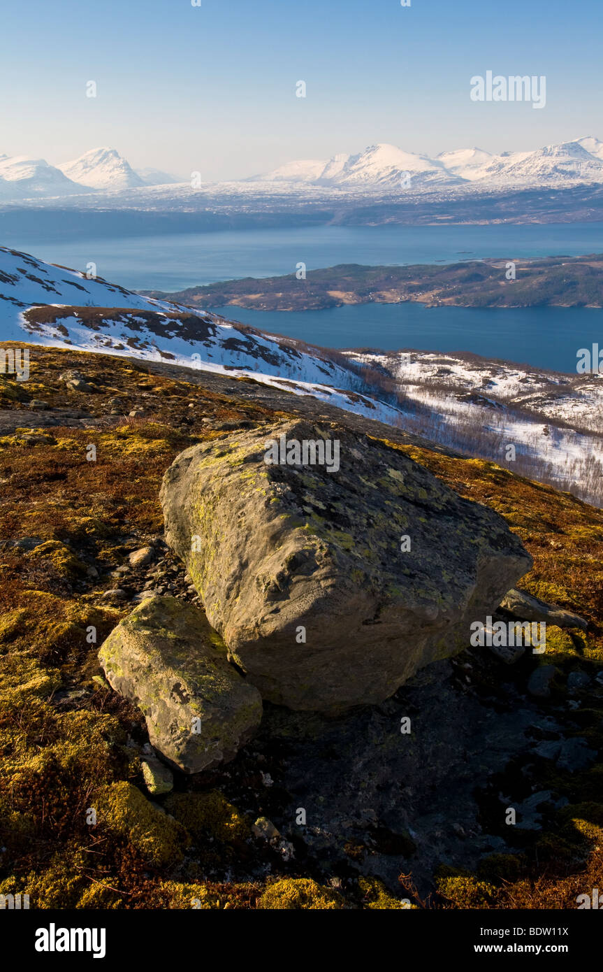 Le montagne ricoperte di neve, ofotfjord, Norvegia: Foto Stock