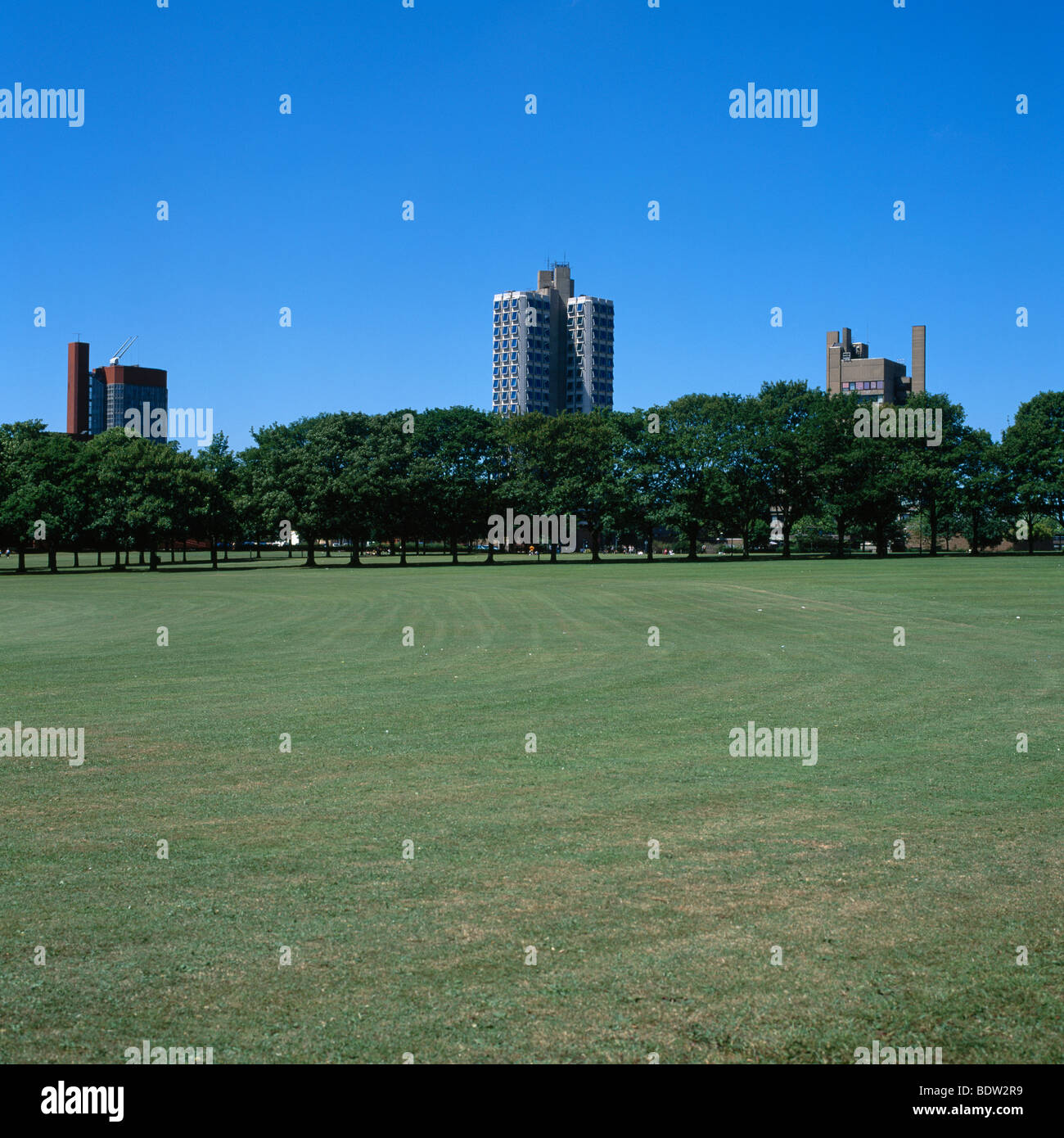 Victoria Park di Leicester con Leicester University student accommodation in background. Foto Stock