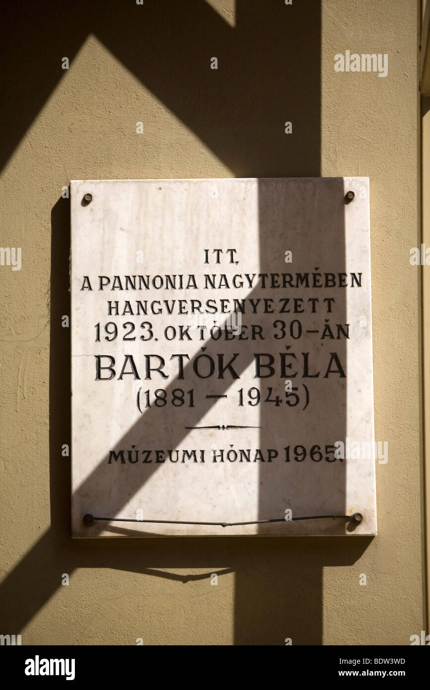 Una lapide che ricorda l'Ungherese del compositore e pianista, Bela Bartok (1881,1945), Pecs, Ungheria Foto Stock