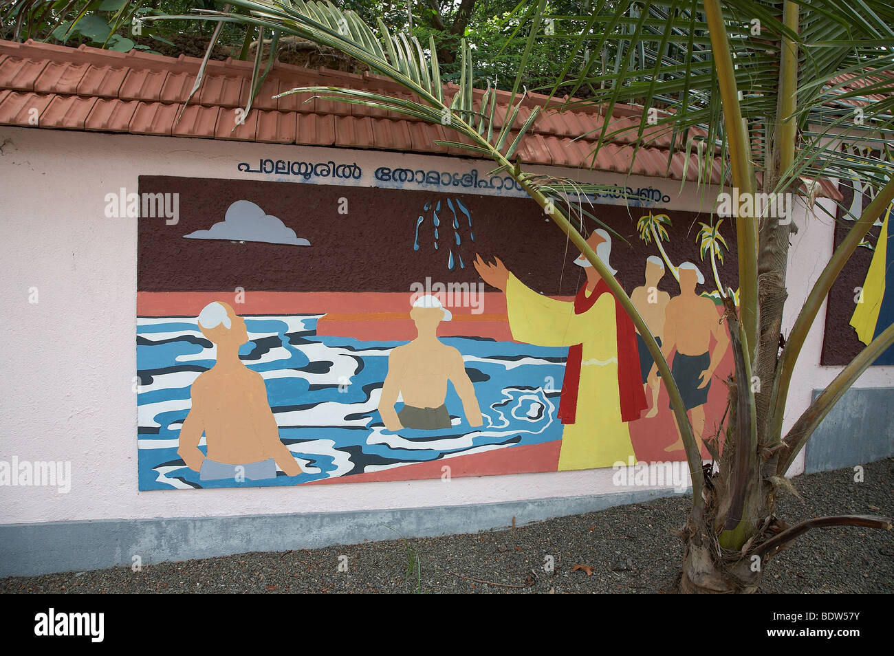 INDIA murale raffigurante la vita di Thomas, al Saint Thomas Ernakulum museo. Thomas eseguendo un miracolo Foto Stock