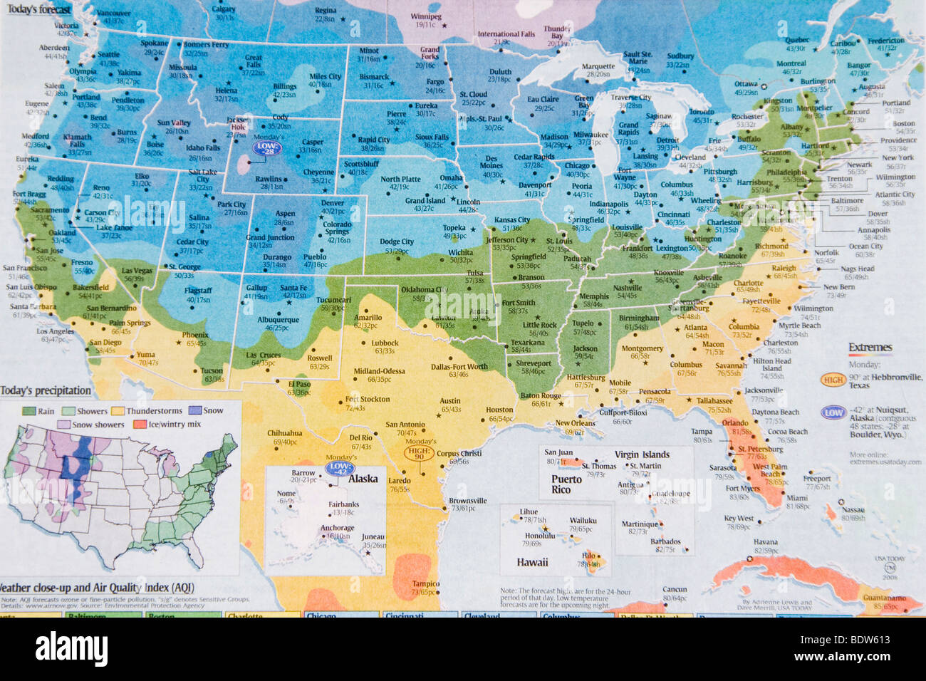 American mappa meteo in un giornale, STATI UNITI D'AMERICA Foto Stock
