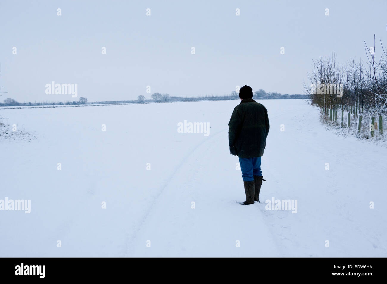 Uomo in piedi in un vuoto di paesaggi innevati Foto Stock