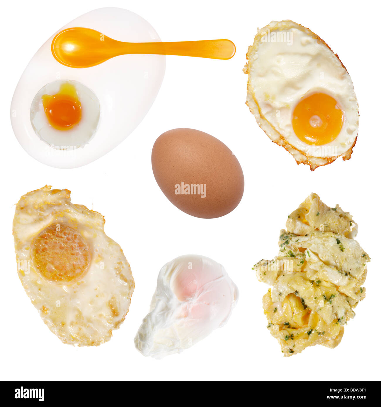 Differenti uova Eier, verschiedene Zubereitungen Foto Stock