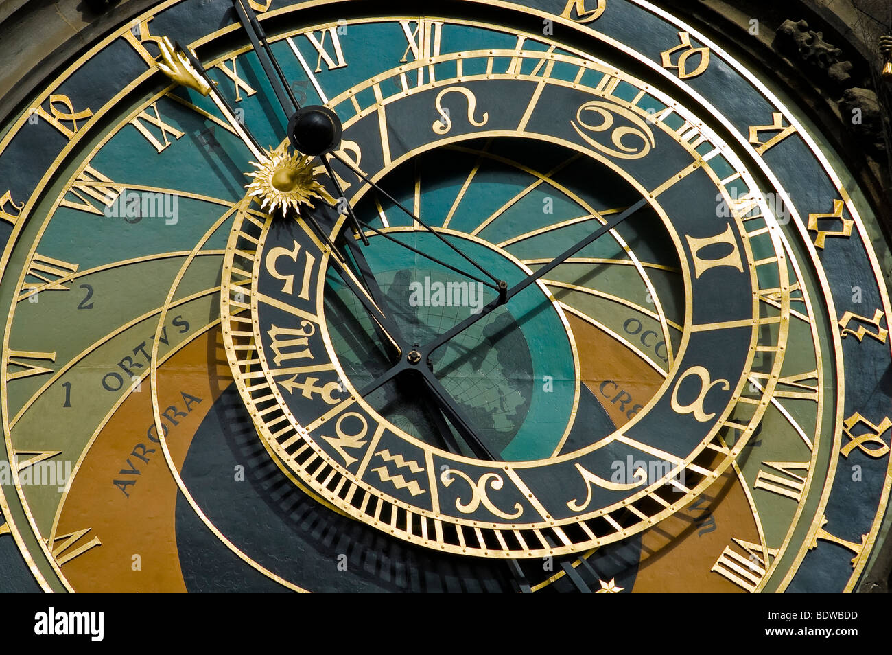 Dettaglio di Praga orologio astronomico, noto anche come l'Orloj. Foto Stock