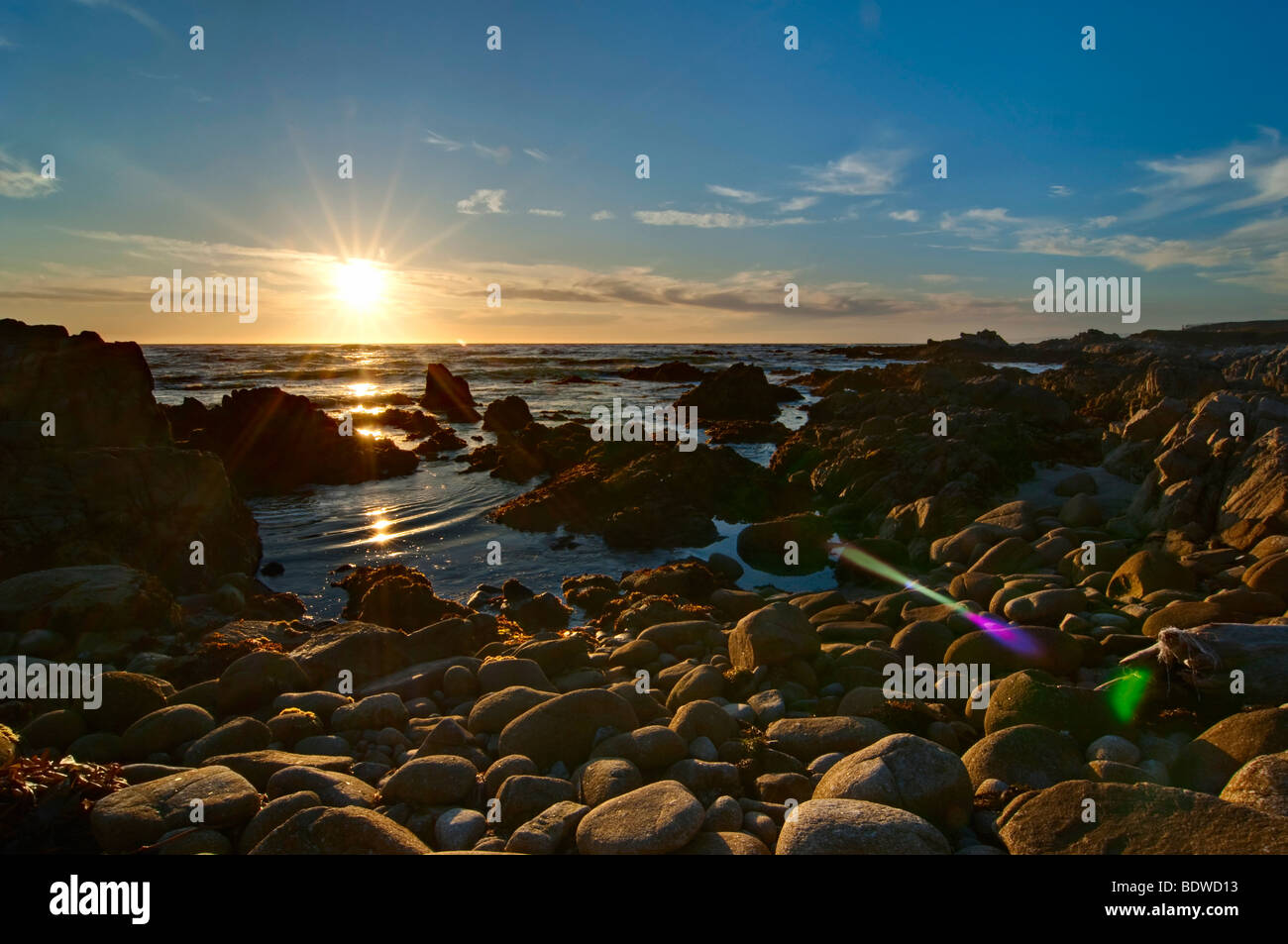 Asilomar rocciosa spiaggia nella baia di Monterey al tramonto. Foto Stock