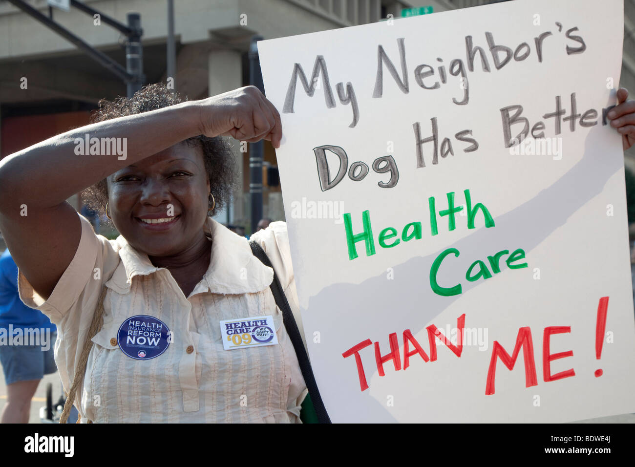 Indianapolis, Indiana - membri del sindacato campagna per la riforma dell'assistenza sanitaria durante la parata del giorno del lavoro. Foto Stock