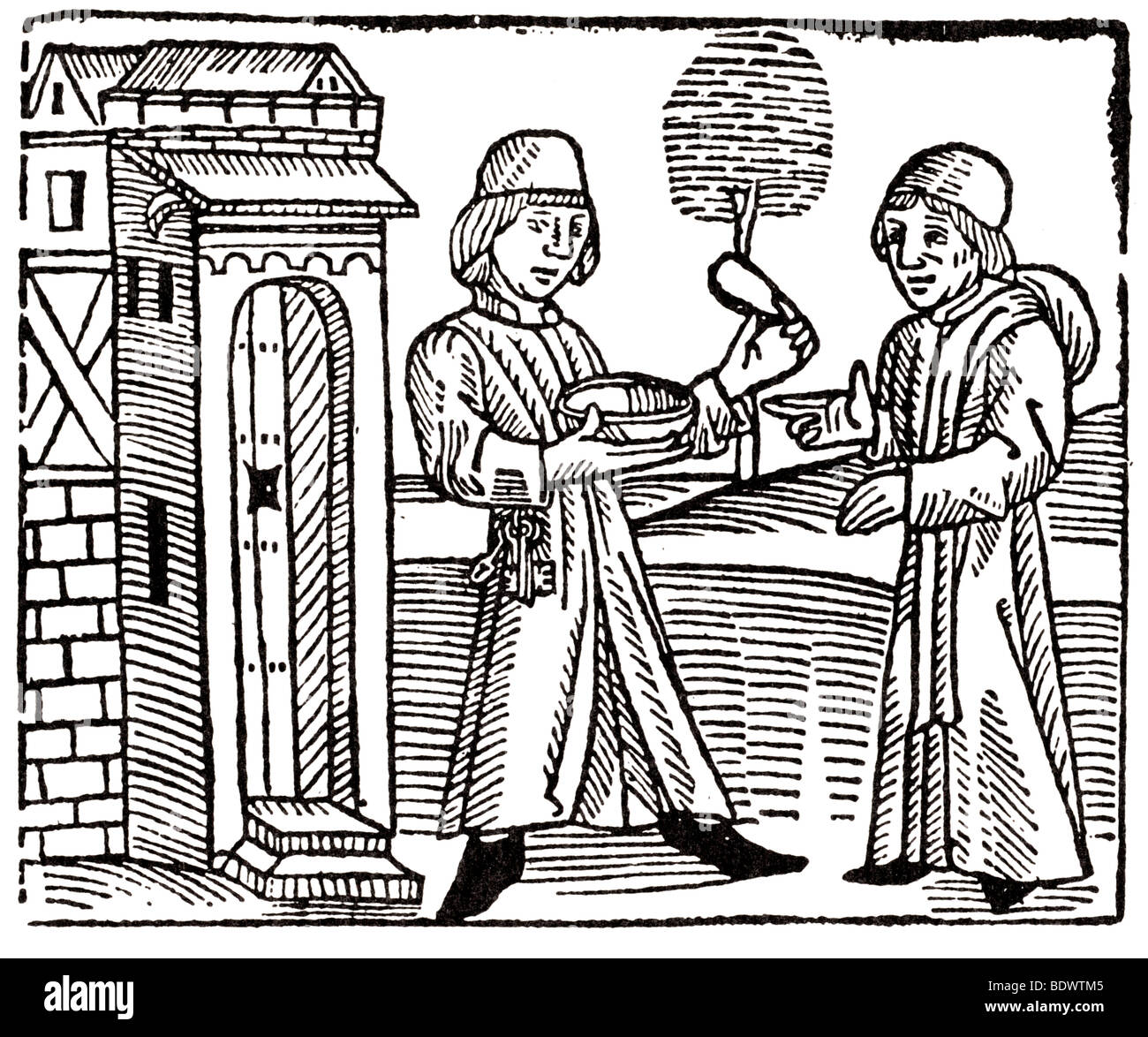 W caxton 1483 cessolis Jacobus de gioco e giocare del formaggio, la porta di una casa di un uomo con le chiavi nella sua cintura estendentesi a b Foto Stock