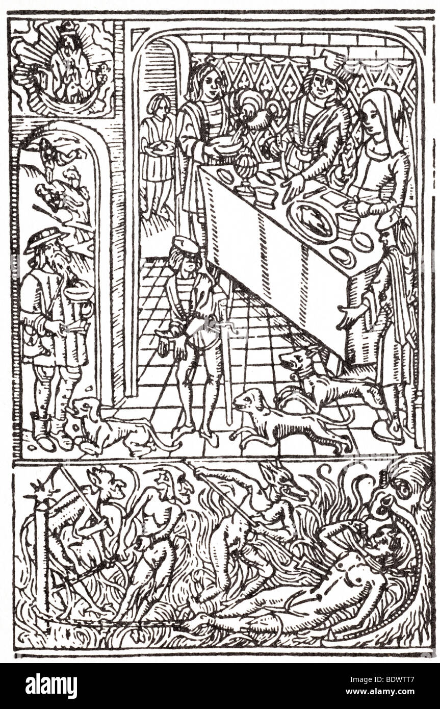 W caxton preghiera memorare nouissima in un portale ad arco lazzaro ciotola con un cane Lazzaro giaceva a terra un angolo alzando la sua anima g Foto Stock