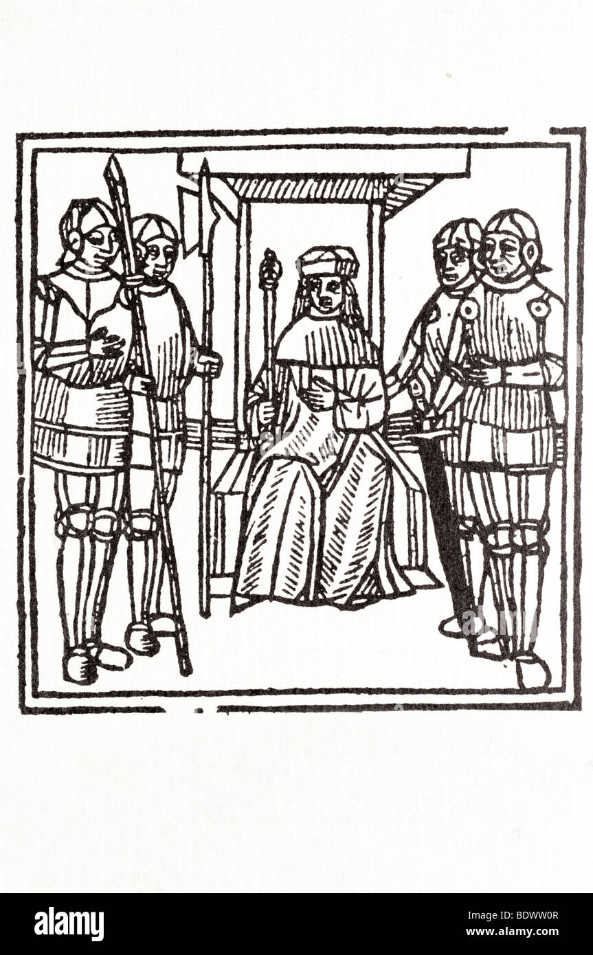 W de worde 1517 Robert de deuyll un diavolo un anima un diavolo trascinando l'anima da una corda di un diavolo soffiando un corno di un diavolo sette volti mi Foto Stock