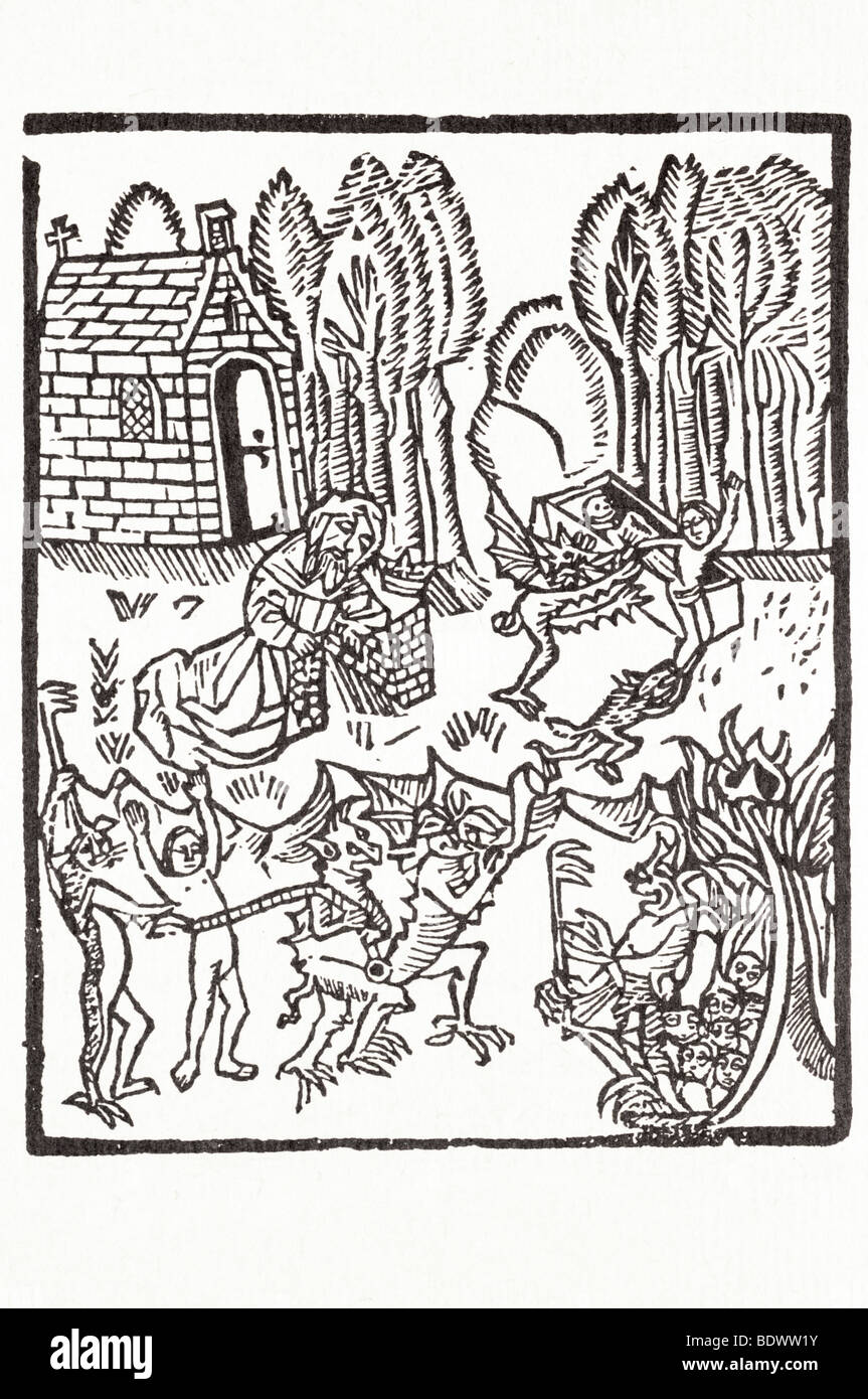 W de worde 1506 Richard Rolle contemplacyons contemplazione di un diavolo di un anima un diavolo trascinando l'anima da una corda di un diavolo un soffiaggio Foto Stock