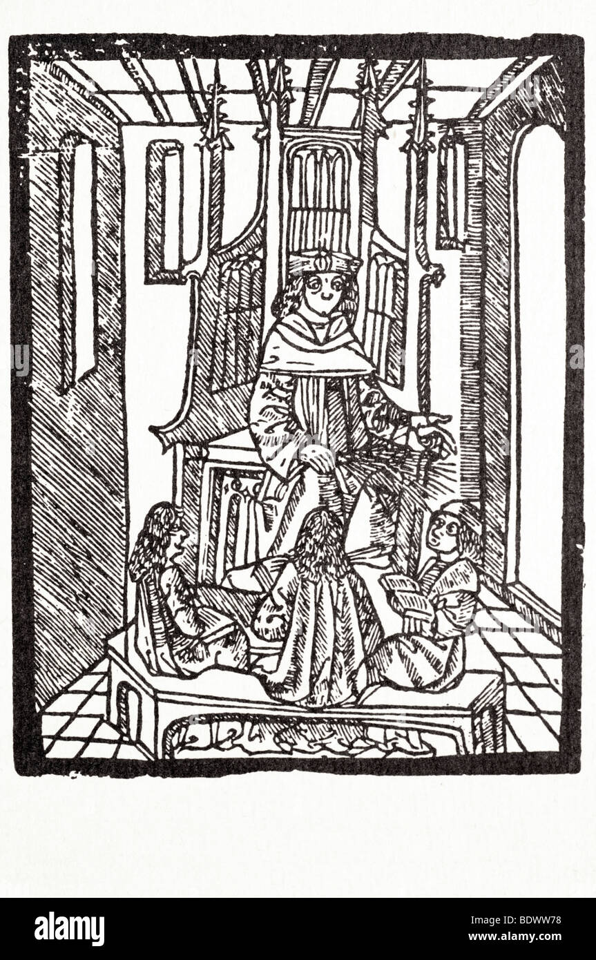 W de worde prima 4 dic 1499 louge peruula un maestro di scuola seduti in una alta sedia supportata una betulla nella sua mano destra seduto su un b Foto Stock