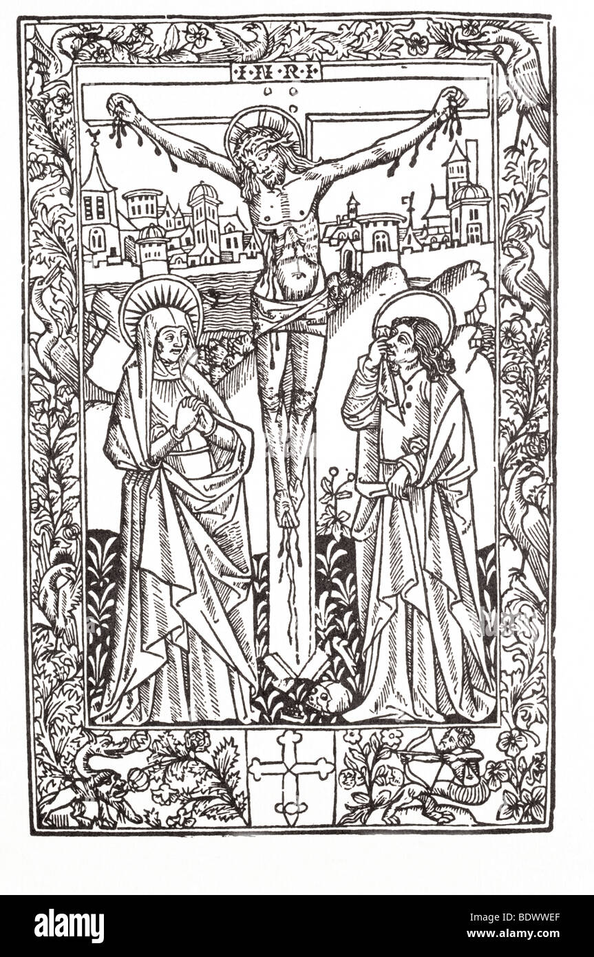 R pynson 1500 missale ad usum " sarum la crocifissione Maria in una doppia Nimbus ha le mani giunte di Gesù in una doppia nimbo cruciforme Foto Stock
