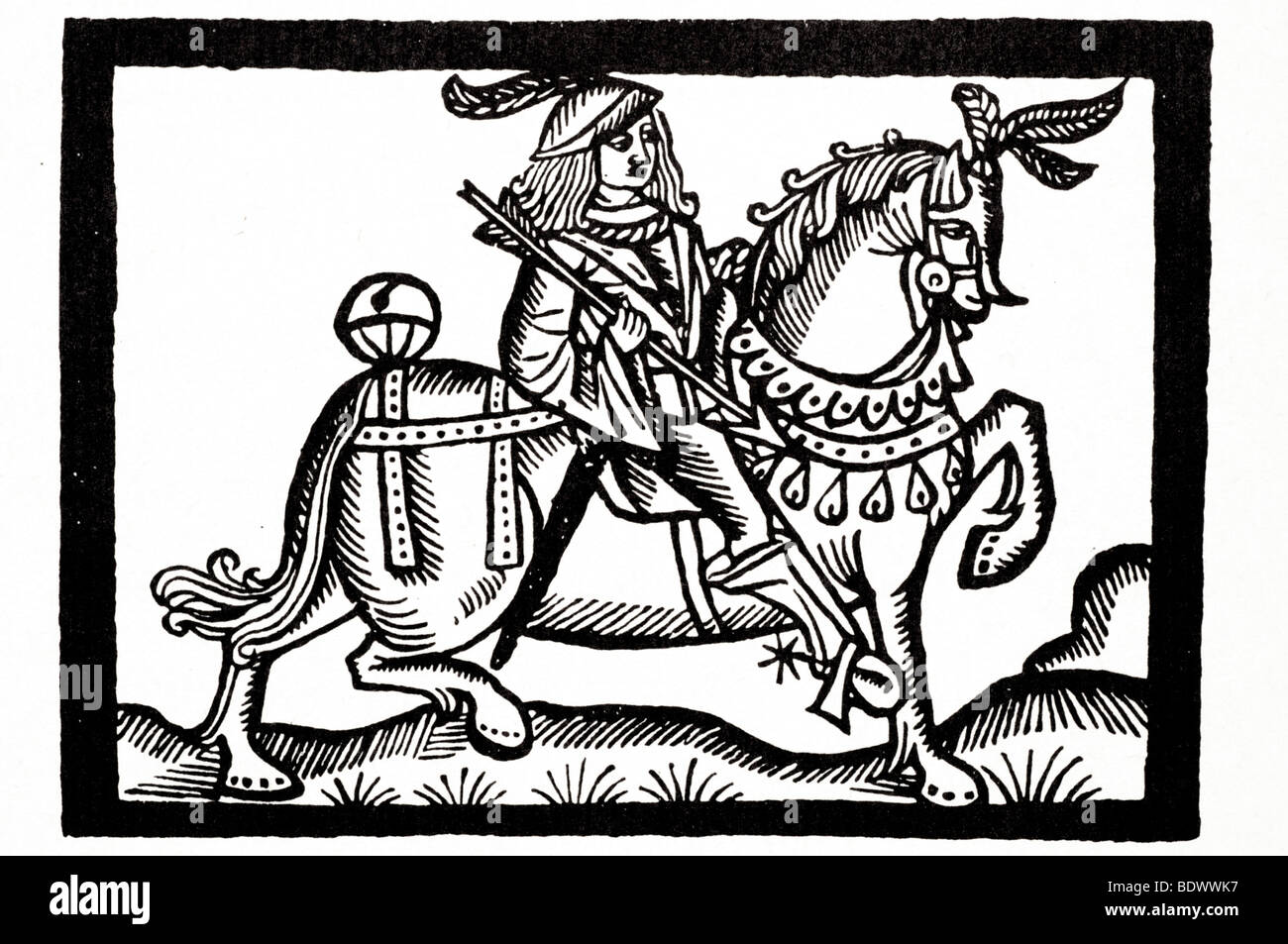 R pynson 1526 4 giugno geoffry chaucer Canterbury Tales un scudiero con una freccia in mano e una piuma nel suo cappello a scorrere con Foto Stock