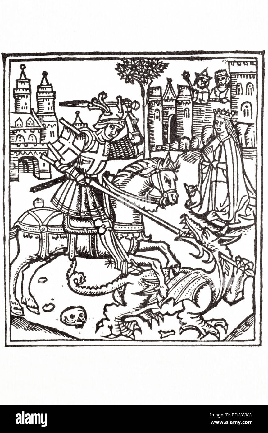 R pynson 1515 spagnuoli baptista lyfe di saynt george la vita di Saint George st George in armatura a cavallo verso destra una spada Foto Stock
