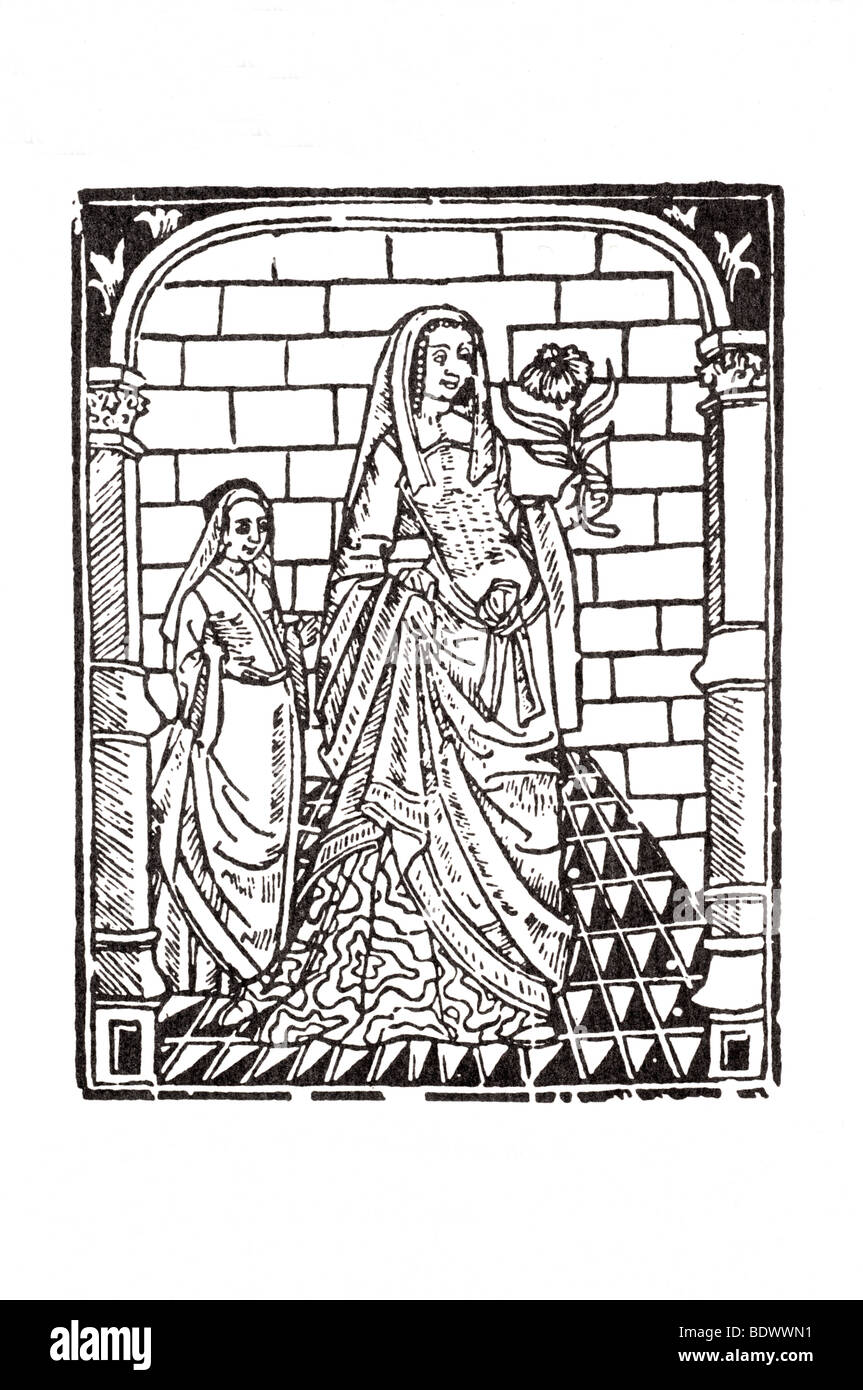 R pynson 1526 chaucer geoffrey boke di fama la bele dame sauns misericordia una ragazza signora tenendo un fiore muro di pietra piano di rectangu Foto Stock