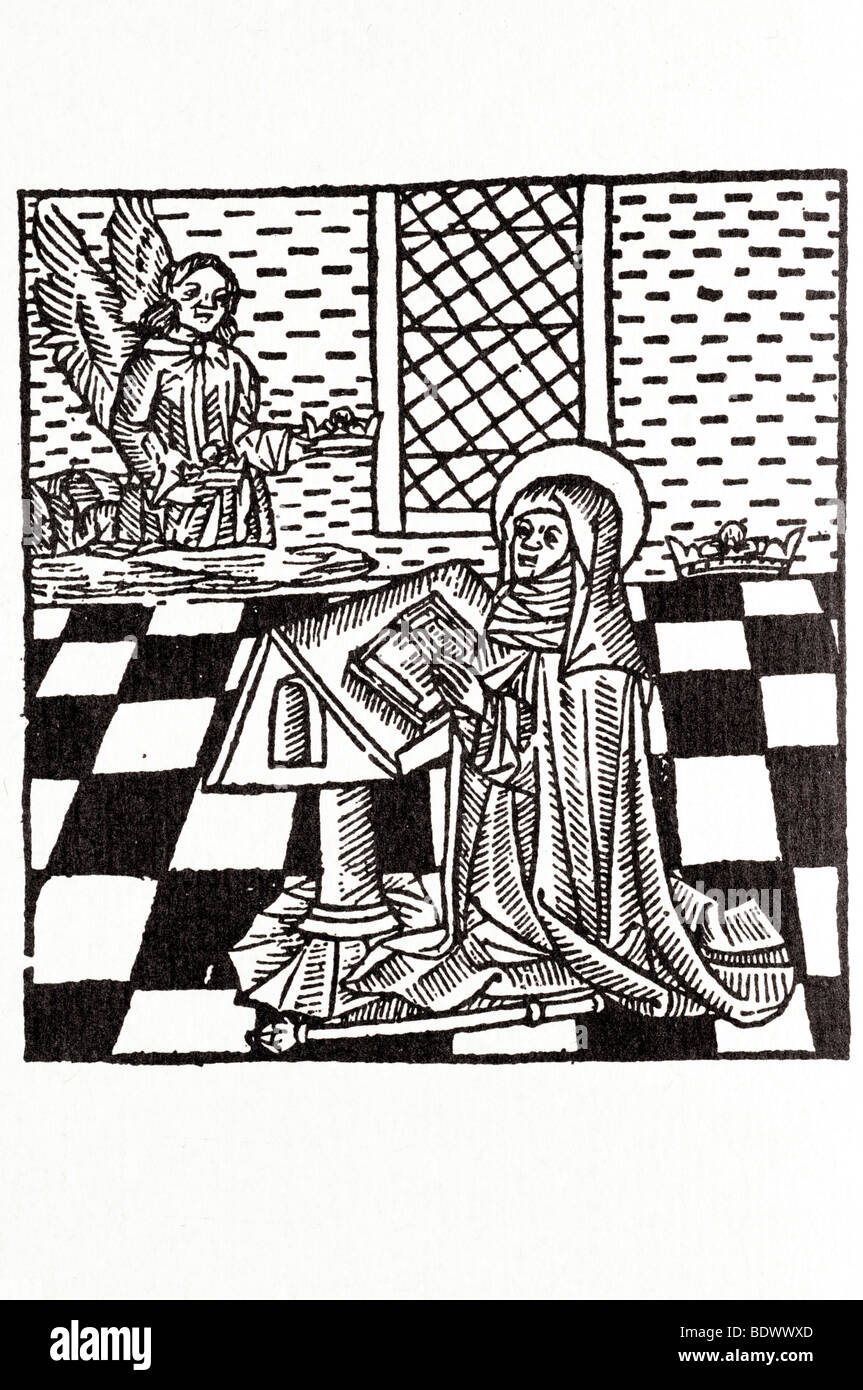 R falsi 1530 4 novembre myrroure di nostra Signora specchio un angelo con una corona in ogni mano una scrivania con una suora nimbed inginocchiato uno scettro di un Foto Stock