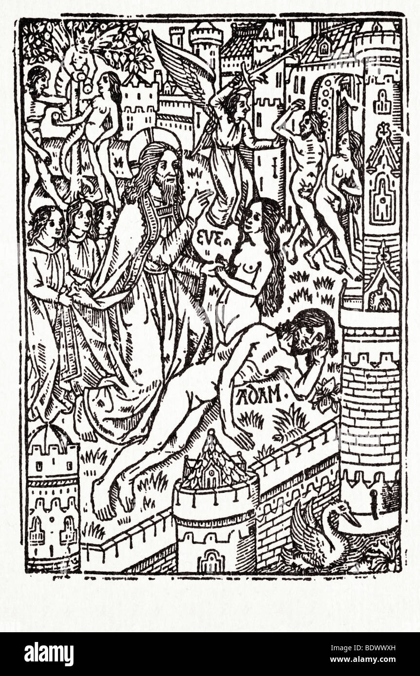 R falsi mirk Giovanni festivall il racconto della creazione di Eva tre angeli di Dio in una in bianco e nero di Nimbus cruciforme sollevamento eva da Adamo che Foto Stock