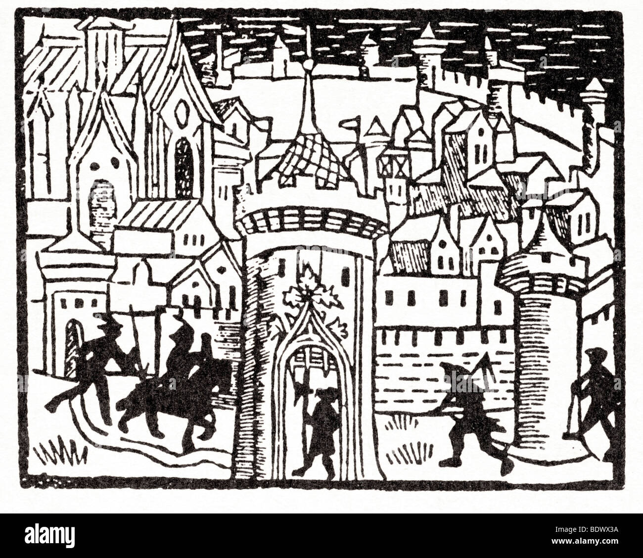 J notaio 1504 cronache di Inghilterra una città murata una grande chiesa case di piccole dimensioni al di fuori del muro quattro figure nere compreso un Foto Stock