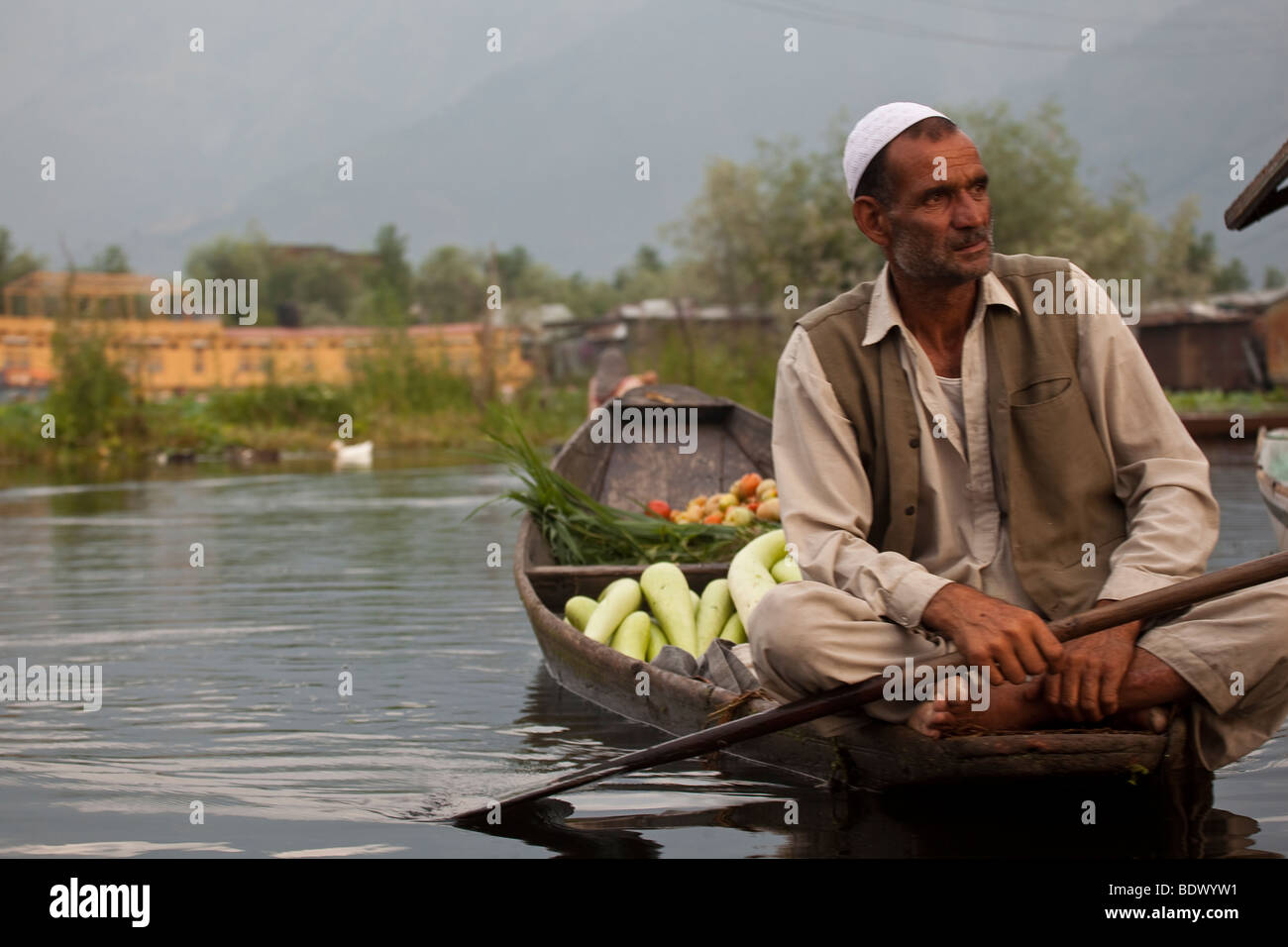 Kasmiri produrre venditore a vendere verdure dalla sua barca su Dal lago Srinagar, India. Foto Stock