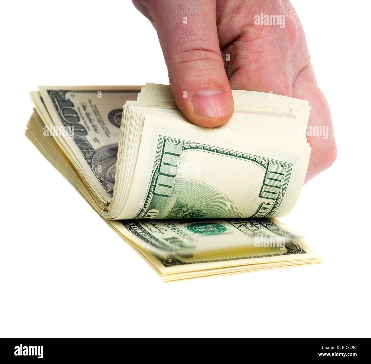 Un conteggio di dollari USA. i soldi con le mani Foto Stock