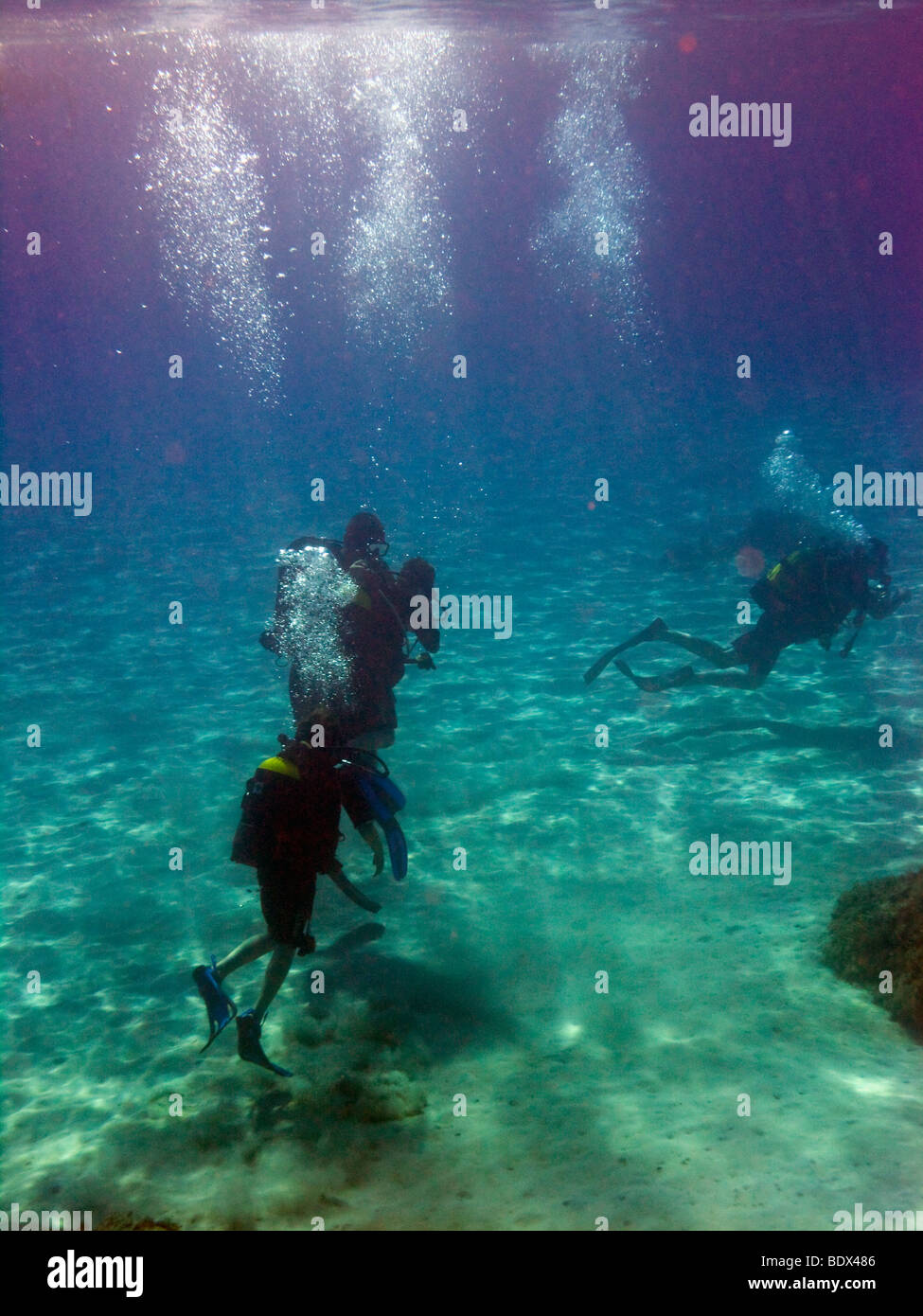Scuba diving turisti alla Laguna Blu, Cape Greco, Cipro. Questo è un molto popolare scuba posto a causa di acqua cristallina. Foto Stock