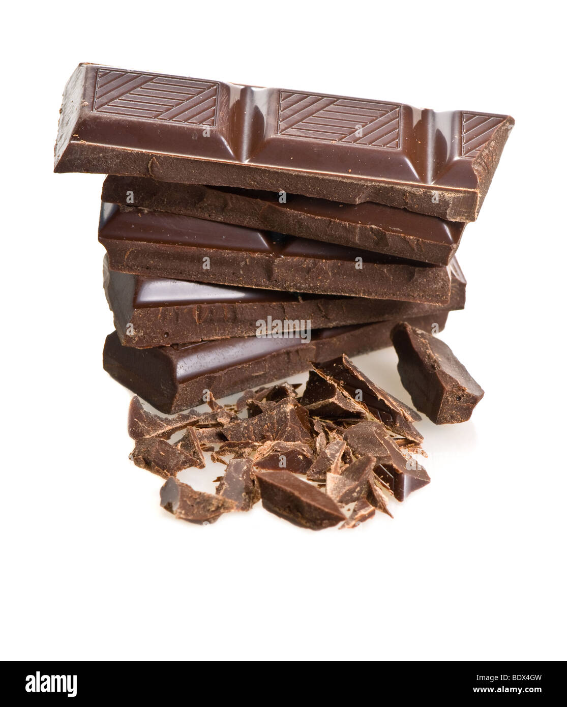 Rottura della barra di cioccolato su sfondo bianco con spazio di copia Foto Stock