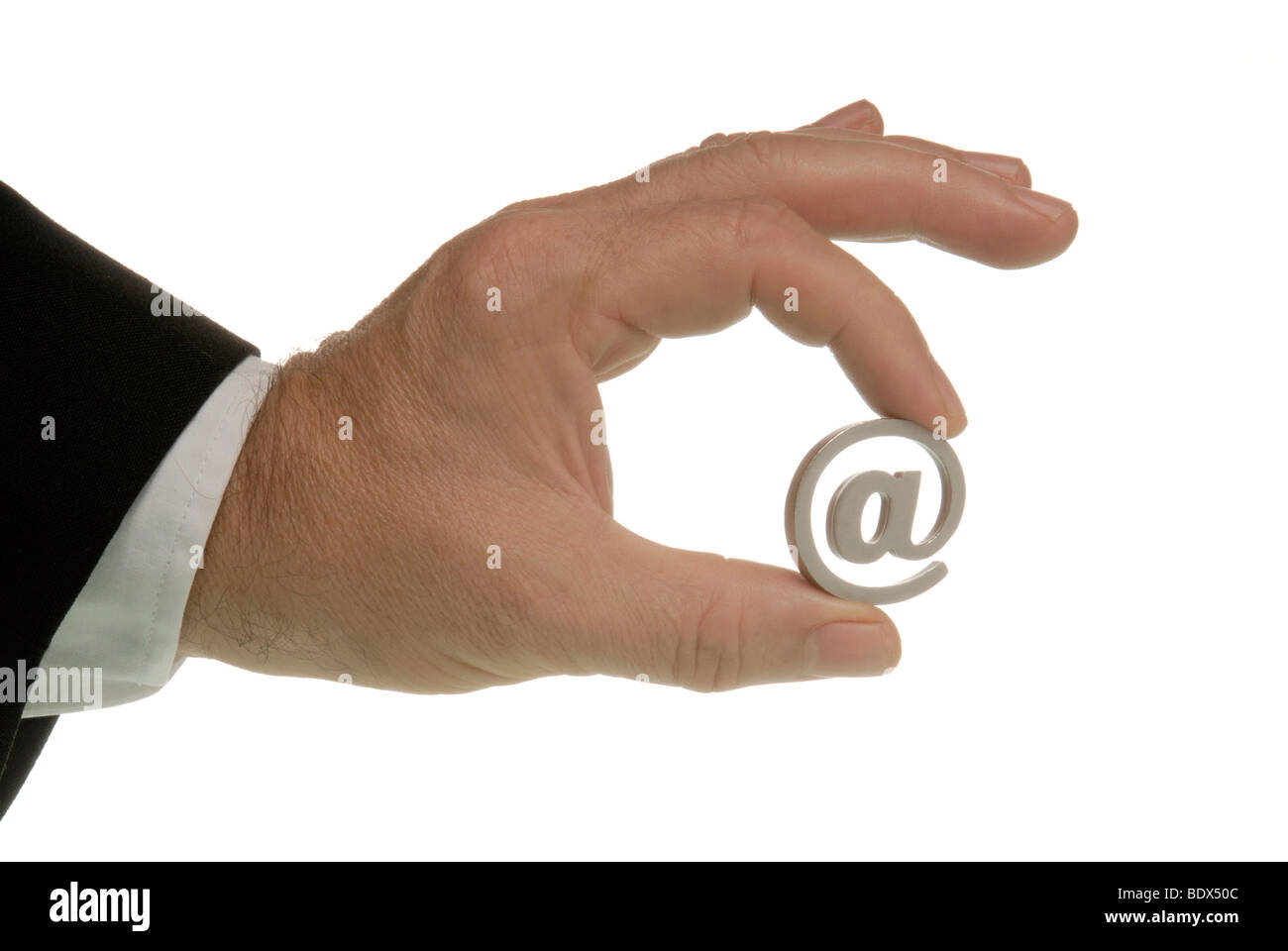 Business man tenendo un segno nella sua mano, Business in Internet Foto Stock