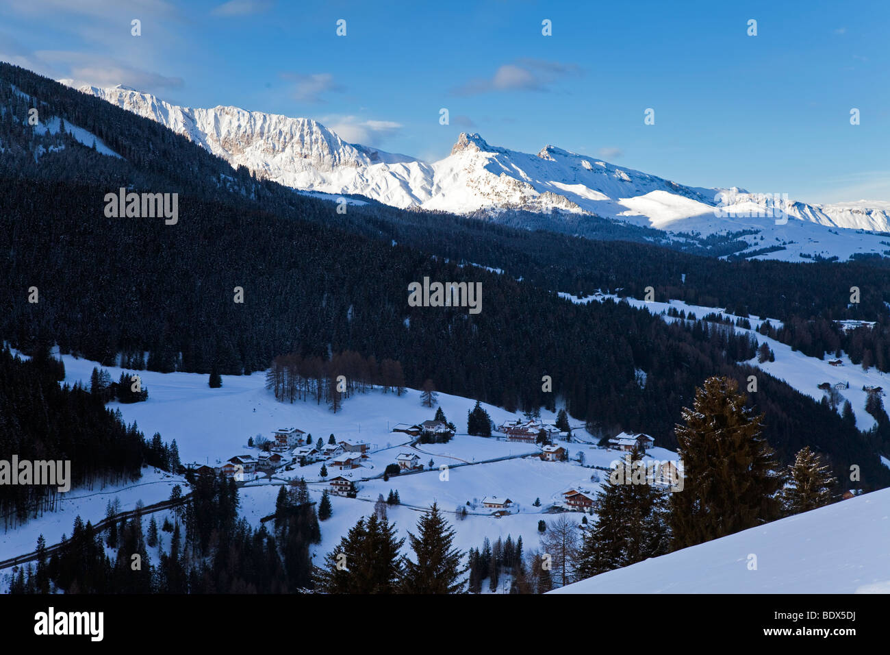 Paesaggio invernale, Val Gardena, Dolomiti, Alto Adige, Trentino Alto Adige, Italia Foto Stock