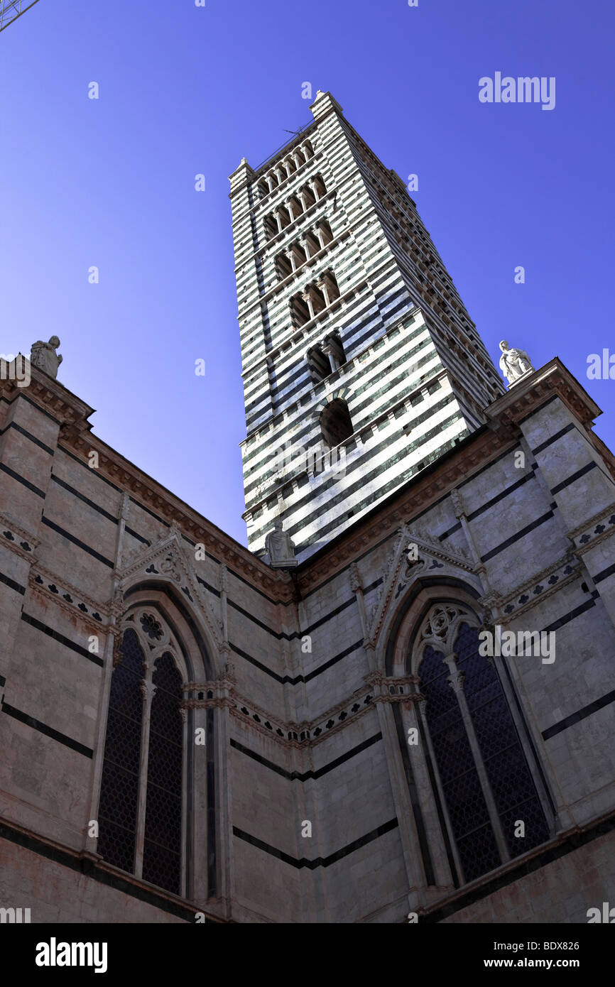 Le strisce di marmo torre campanaria del Duomo visto da Piazza del Duomo a Siena, Toscana, Italia. Foto Stock