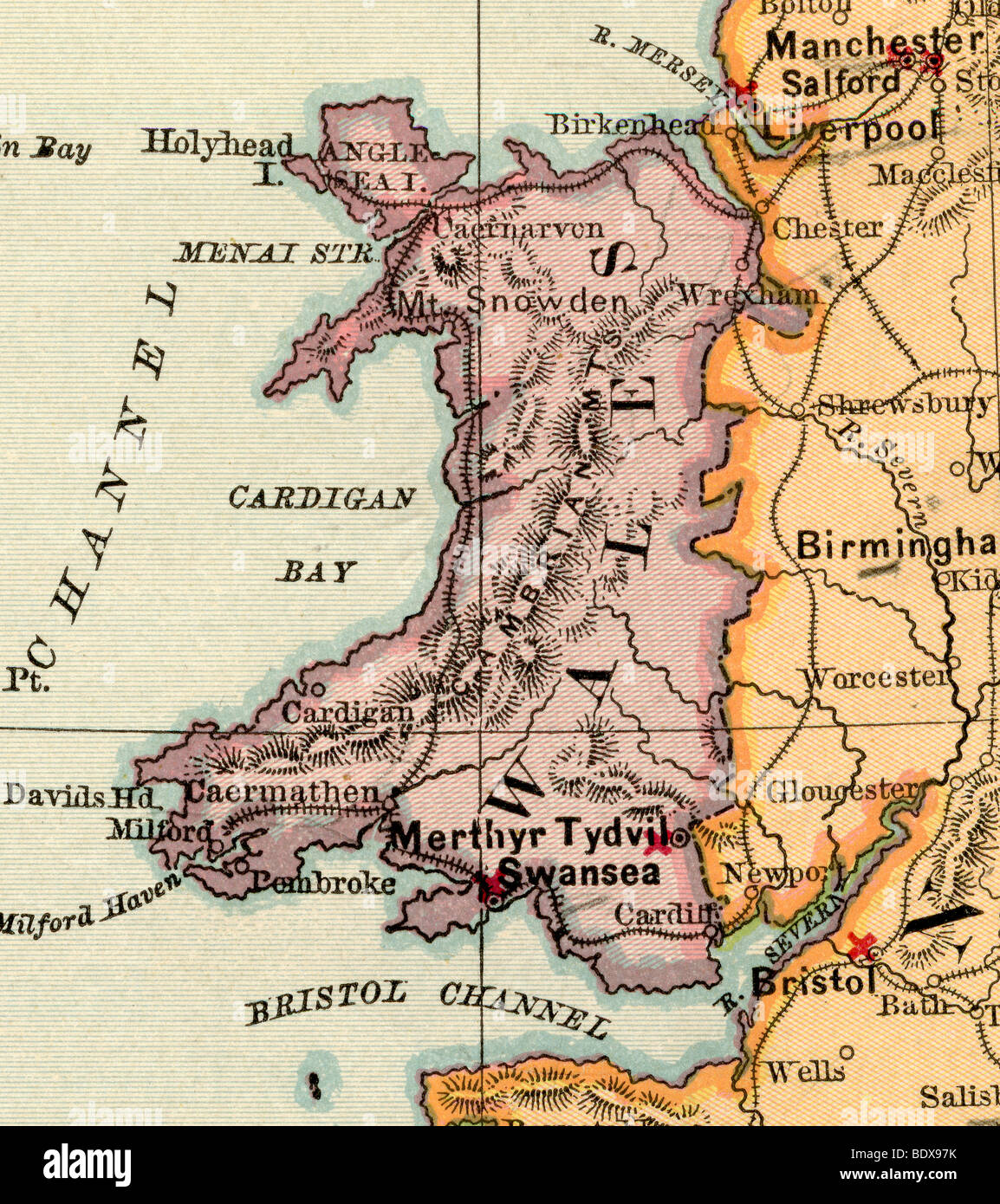 Originale vecchia mappa del Galles da 1875 geografia di un libro di testo Foto Stock